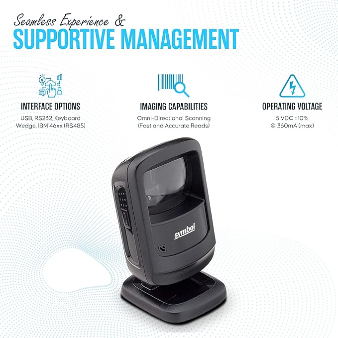 DS9208 Zebra Symbol Digital Handsfree 1D/2D Barcode Scanner with USB Cable & Microfiber Cleaning Cloth - High Performance Scanning, Compact Design, Standard Range (Renewed)-DeskLoop Office