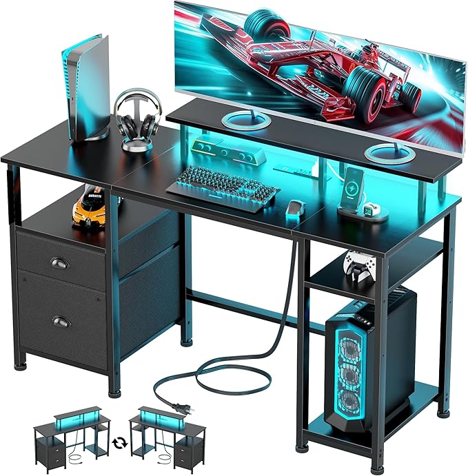 Furologee 51" Gaming Desk with Power Outlets & LED Lights, Reversible Computer Desk with File Cabinet & Monitor Stand for Home Office, Large Work Table with Storage Shelves & Drawer, Black-DeskLoop Office