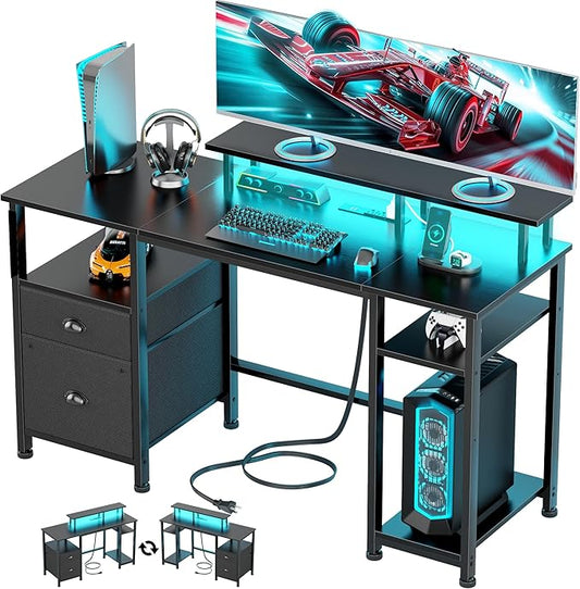 Furologee 51" Gaming Desk with Power Outlets & LED Lights, Reversible Computer Desk with File Cabinet & Monitor Stand for Home Office, Large Work Table with Storage Shelves & Drawer, Black-DeskLoop Office