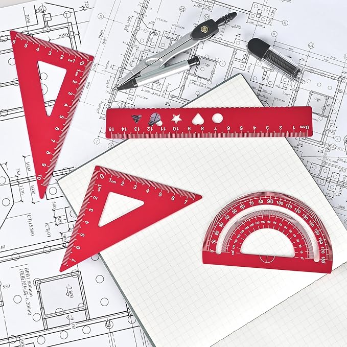 6 Pcs Metal Geometry Set, Math Geometry Kit, Metal Ruler Set and Compass Geometry Tool, Rulers Protractor and Compass Set for Student School and Drawings Supplies (Red)-DeskLoop Office