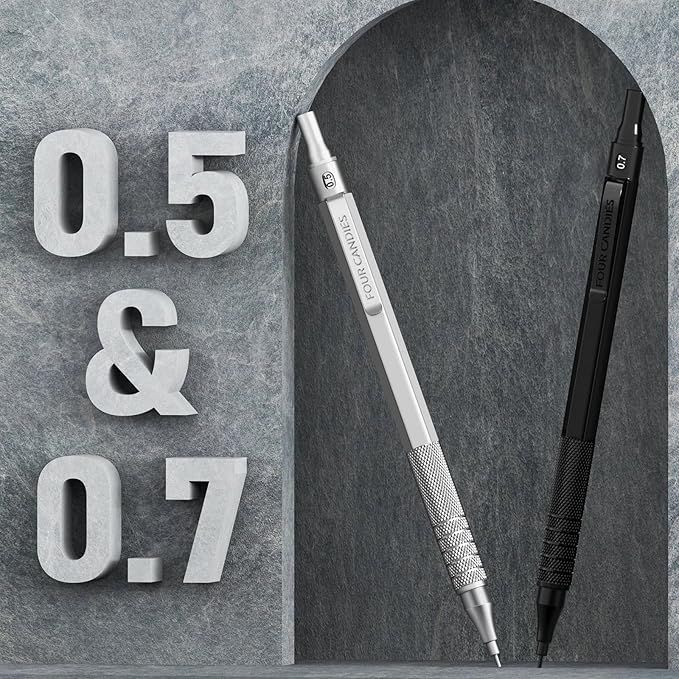 Four Candies 2PCS Metal Mechanical Pencils Set with Case, 0.5mm & 0.7 mm Artist Pencil with 6 Tubes (360PCS) HB Lead Refills, 3 Erasers,9 Eraser Refills For Writing Drafting, Drawing, Black&Silver-DeskLoop Office