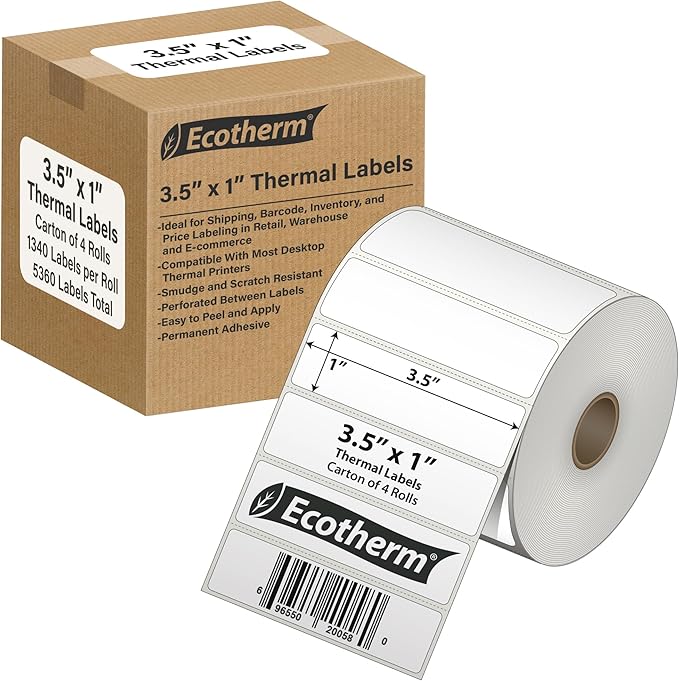 3.5" x 1" Thermal Labels | 4 Rolls | 5360 Labels | fits Zebra, Munbyn, Rollo, Godex, Arkscan, iDPRT, Offnova Thermal Label Printers and More | Blank White Adhesive Stickers by Ecotherm-DeskLoop Office