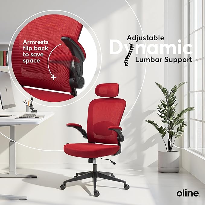 Oline ErgoAir Ergonomic Office Chair – Adjustable Lumbar Support, Flip-Up Armrests, Mesh Computer Desk Chair, Swivel Rolling Executive Gaming Chair for Home & Office (Red)-DeskLoop Office
