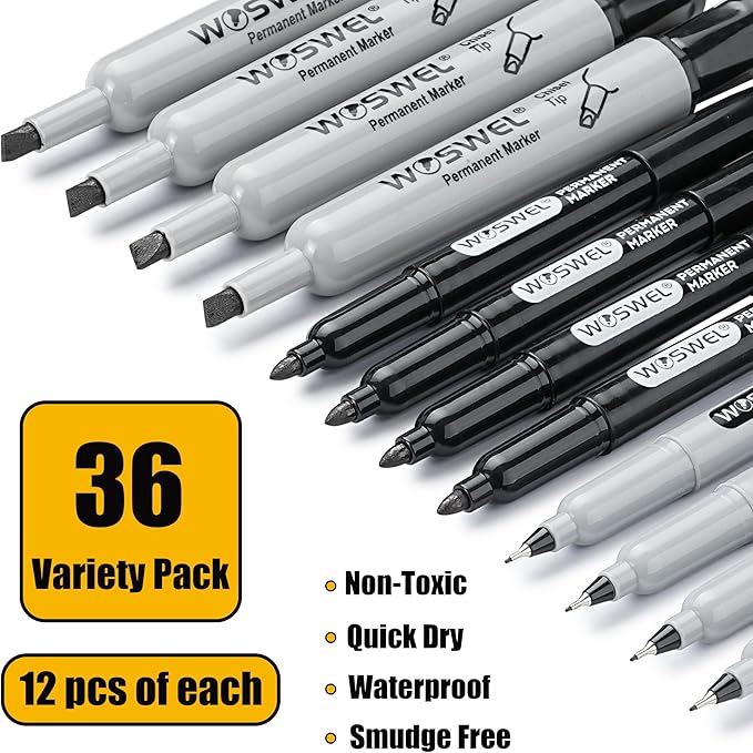 Permanent Markers 36 Variety Pack Bulk,Featuring Ultra-Fine,Chisel Tip,And Fine Tip Marker Set,Writing And Poster Black Markers,Works on Plastic,Wood,Stone,Metal and Glass for Doodling, Marking-DeskLoop Office