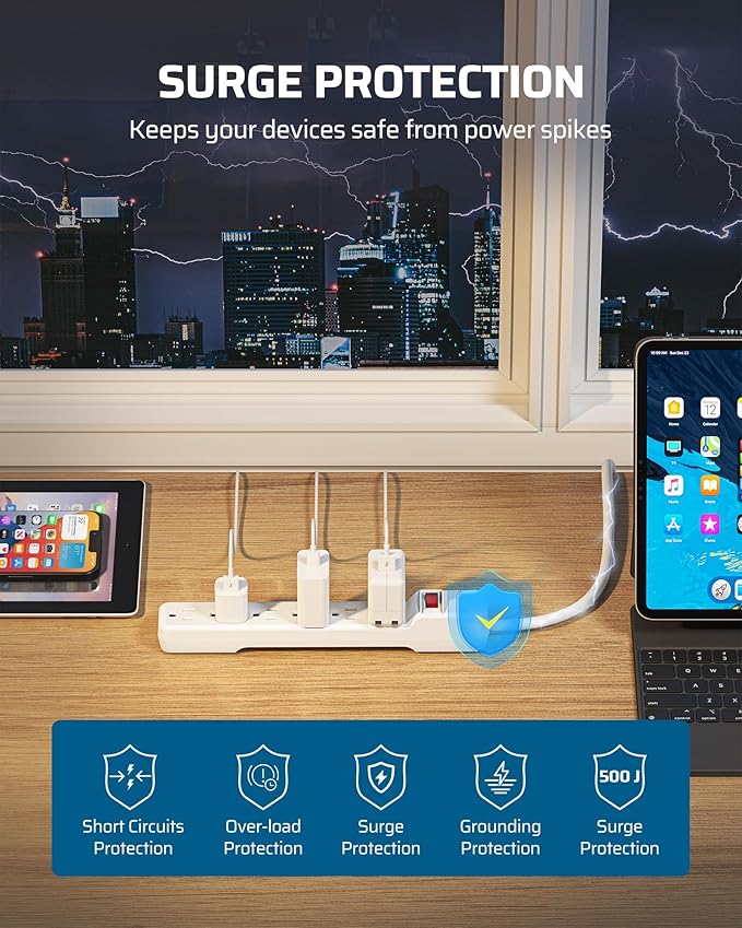 DEWENWILS 6-Outlet Power Strip Surge Protector, 15FT Long Extension Cord, Low Profile Flat Plug, 15 Amp Circuit Breaker, 500 Joules, Wall Mount, White, UL Listed-DeskLoop Office