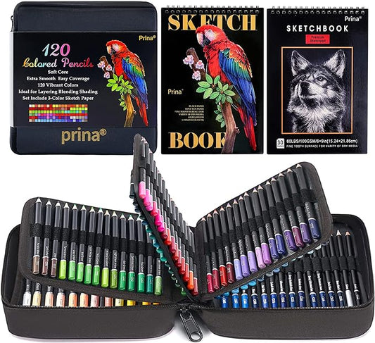 PRINA Art Supplies 120 Colors Colored Pencils Set for Adults Coloring Books with Sketchbook, Professional Vibrant Artists Coloring Pencils for Drawing Sketching Blending Shading, Soft Core Oil Based-DeskLoop Office