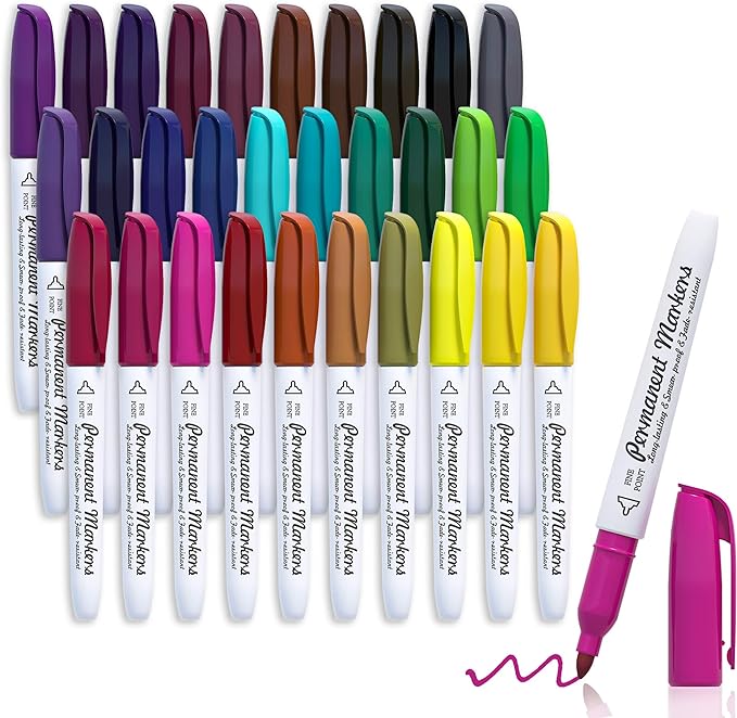 Lelix 30 Colors Permanent Markers, Fine Point, Assorted Colors, Works on Plastic,Wood,Stone,Metal and Glass for Kids Adult Coloring Doodling Marking-DeskLoop Office