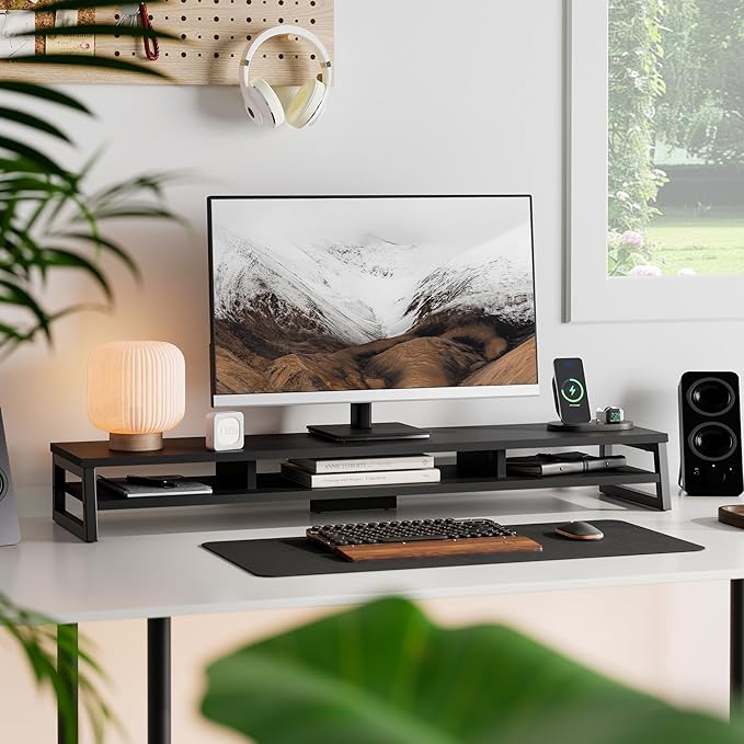 Fenge Dual Monitor Stand for Desk, 42.5in Large Monitor Riser for 2 Monitors, 2 Tier Computer Office Desk Top Shelf, Desktop Storage Stand for Laptop, PC, Computer, Printer-DeskLoop Office