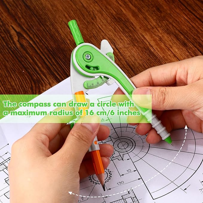 Zonon 1 Set Plastic Geometry Math Set 7 Pcs Includes 6'' / 4 '' Protractor, Drawing Compass, 45/60 Degree Triangle Rulers, 12'' / 6'' Math Ruler Transparent for Office Supplies(Green)-DeskLoop Office