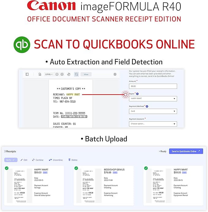 Canon imageFORMULA R40 Office Document Scanner Receipt Edition, for PC and Mac, Scan & Extract Data to QuickBooks Online, Color Duplex Scanning, Auto Document Feeder, Easy Setup for Office Or Home Use-DeskLoop Office