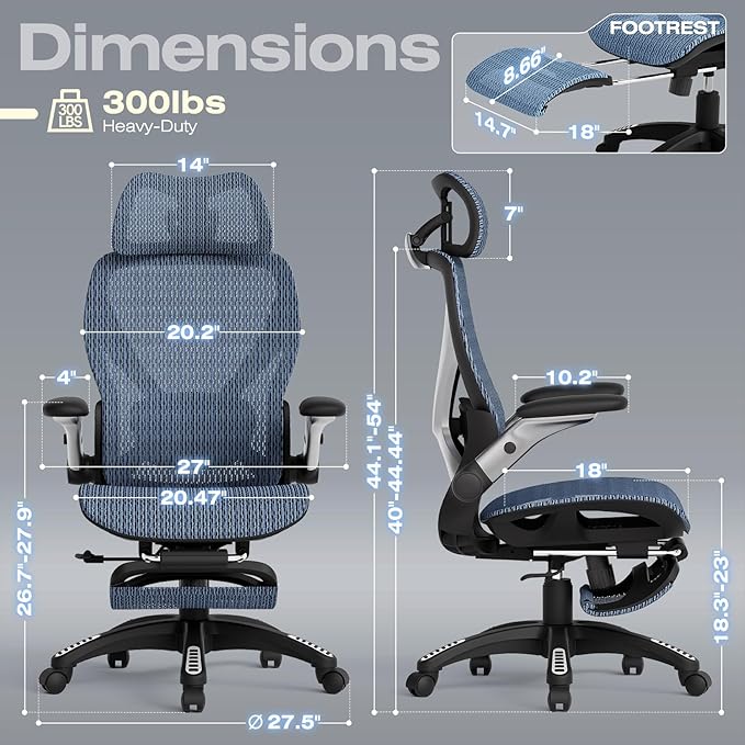 ELABEST X100 Ergonomic Office Chair with Footrest, Big and Tall Home Desk Chair with 5D Flip-Up Arms, Adjustable 8D Lumbar Support,High Back Rolling Computer Chair, Swivel Mesh Chairs (Oaxaca Blue)-DeskLoop Office