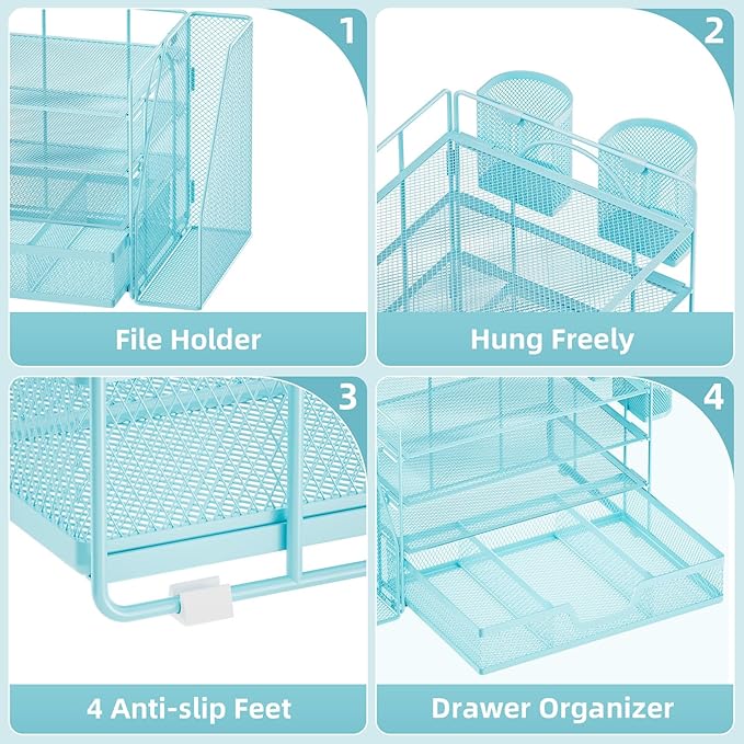 Marbrasse Desk Organizer and Accessories,4-Tier Paper Letter Tray Organizer with File Holder, Desk Accessories & Workspace Organizers with Drawer and 2 Pen Holder (Blue, 15.4" x 9.1" x 8.3")-DeskLoop Office