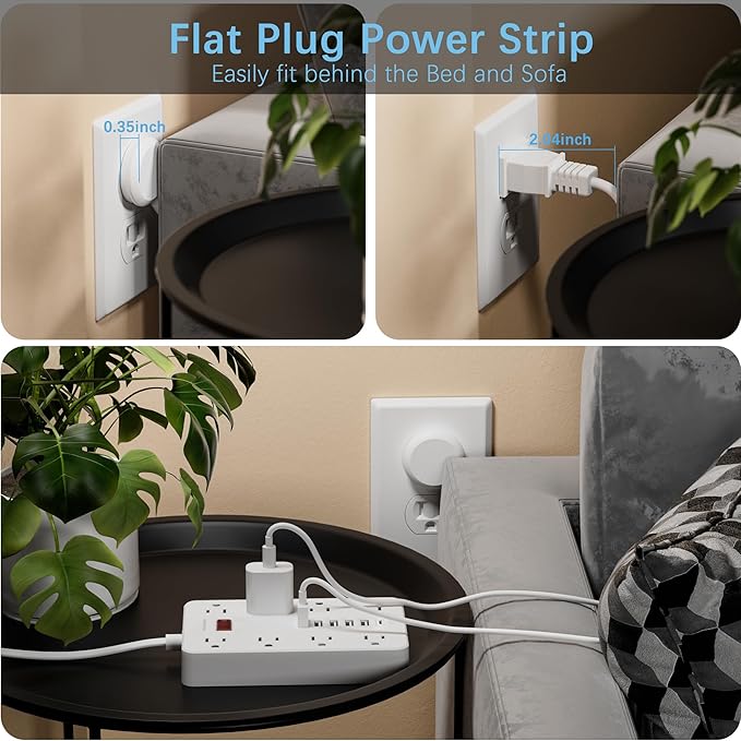 10 Ft Long Extension Cord,Power Strip Surge Protector HUNIAN Flat Plug with 8 Widely Spaced Outlets 6 USB(1 USB C Port), Wall Mount Charging Station for Home and Office,White-DeskLoop Office