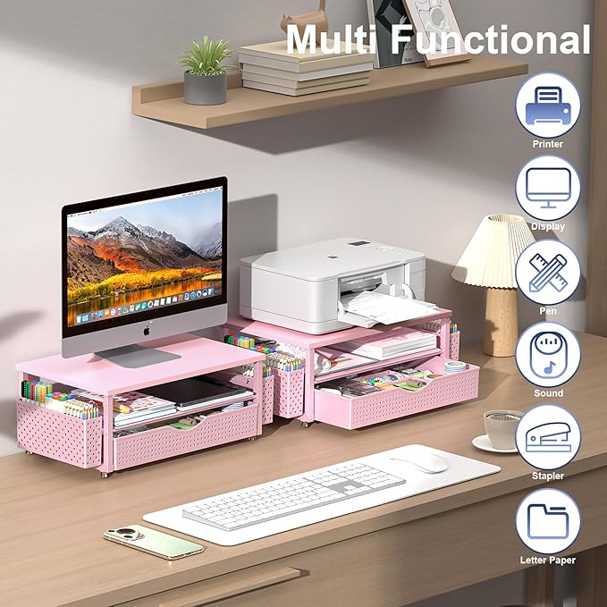 Desk Organizer and Accessories, Computer Monitor Stand Riser with Drawer and 2 Pen Holders, Office Desk Accessories & Workspace Organizers for Office Supplies (Pink)-DeskLoop Office