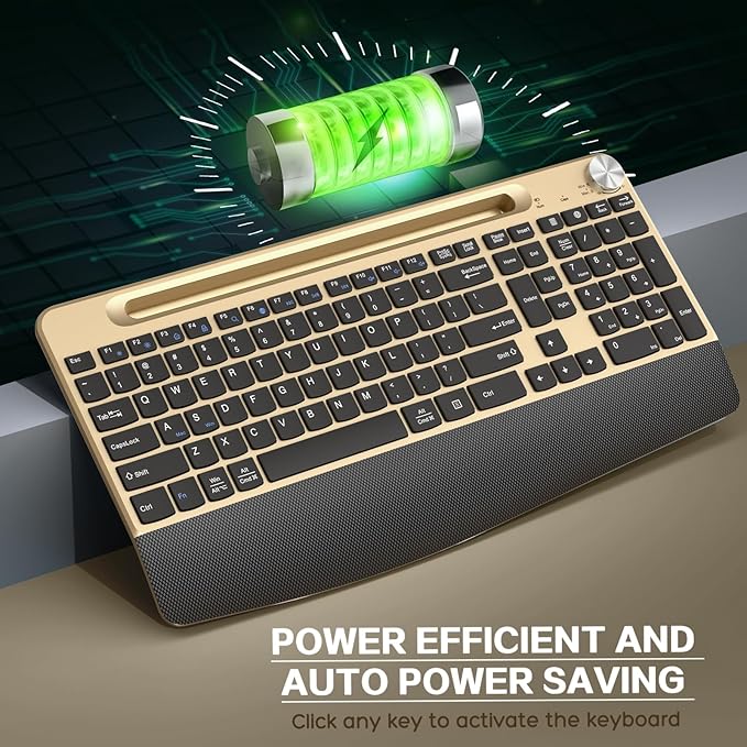 Ergonomic Wireless Keyboard and Mouse with Wrist Rest,Phone Holder - 2.4GHz Full-Sized Low-Profile Quiet Gold Wireless Mouse and Keyboard Combo for Computer, Laptop, PC, Mac-Gold-DeskLoop Office