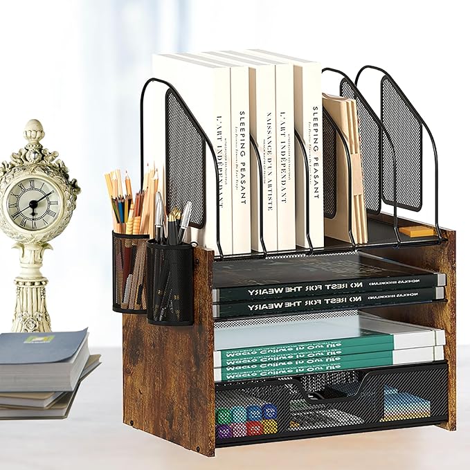 Wood Desk Organizer - 4-Tier Desktop File Organizer with Drawer, Wooden Paper Tray, Vertical File Holders & 2 Pencil Holders - Office Desk Organizer for Papers, Mail, Notebooks, Stationery-DeskLoop Office