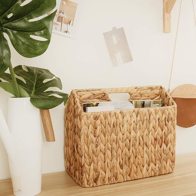 StorageWorks Hand-Woven Divided Magazine Basket, Rattan Magazine Holder, Natural Wicker Magazine Rack for Bathroom, Office, Water Hyacinth, 1 Pack-DeskLoop Office