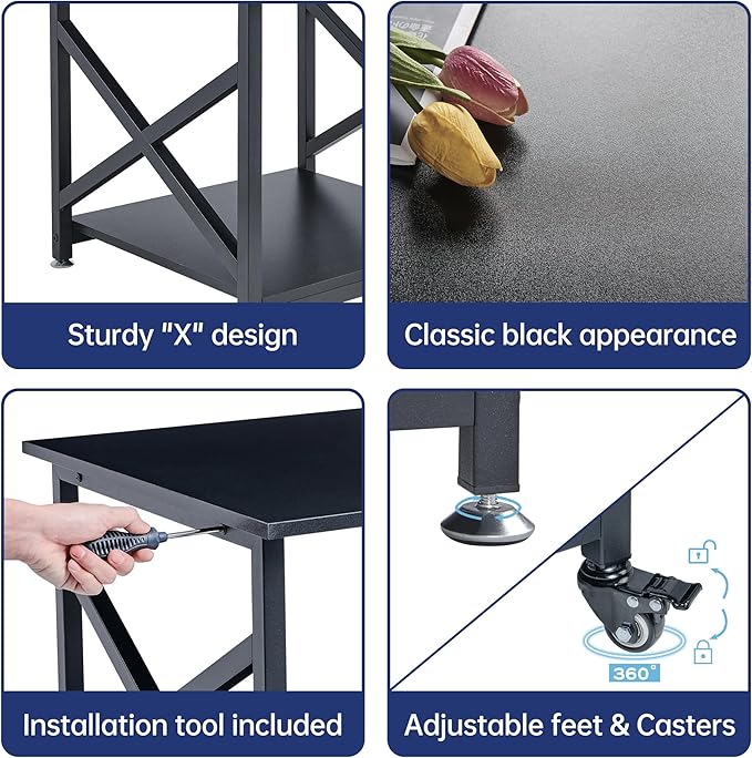 2 Tier Large Printer Stand, 23.6 x 23.6 x 22.6 Inches Square Printer Table with Storage Shelf, Rolling Printer Cart with Industrial Wheels for Home Office, Mini Fridge Stand Table - Black-DeskLoop Office