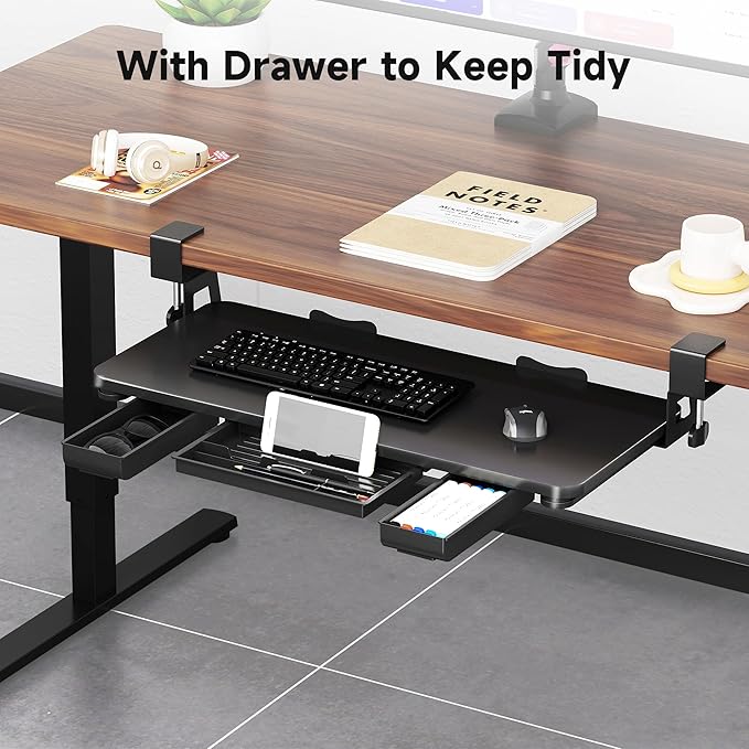 Keyboard Tray Under Desk with Storage Drawer Large C-Clamp 26.7”(31” Including Clamps) x 11.8” Slide-Out Platform Computer Drawer Pull Out Keyboard & Mouse Tray DSF7CT-DeskLoop Office