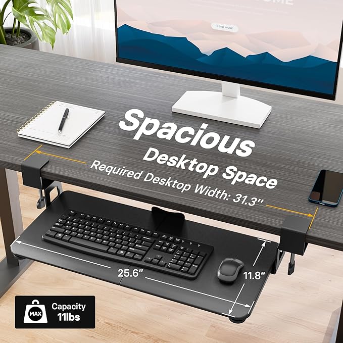BONTEC KMT01 Under Desk Keyboard Tray, Pull-Out Keyboard & Mouse Platform with C-Clamp, 25.6 x 11.8 in Space-Saving Ergonomic Slide-Out Drawer, Black-DeskLoop Office