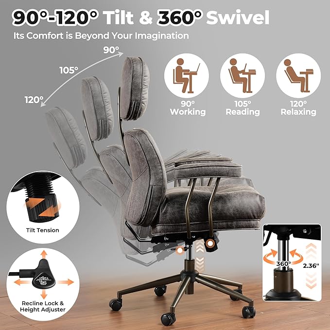 ovios Home Office Chair, Mid-Century Modern Faux PU Leather Chairs with Lumbar Support Comfy Thick Cushion, High Back Ergonomic Swivel Rolling Executive Armchair (Dark Grey, Suede Leather)-DeskLoop Office