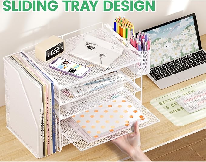 Desk Organizers and Accessories, 5-Tier Paper File Organizer with Drawer & Pen Holder, Office Desk Accessories Workspace Desktop Organizer for Office Supplies (White)-DeskLoop Office