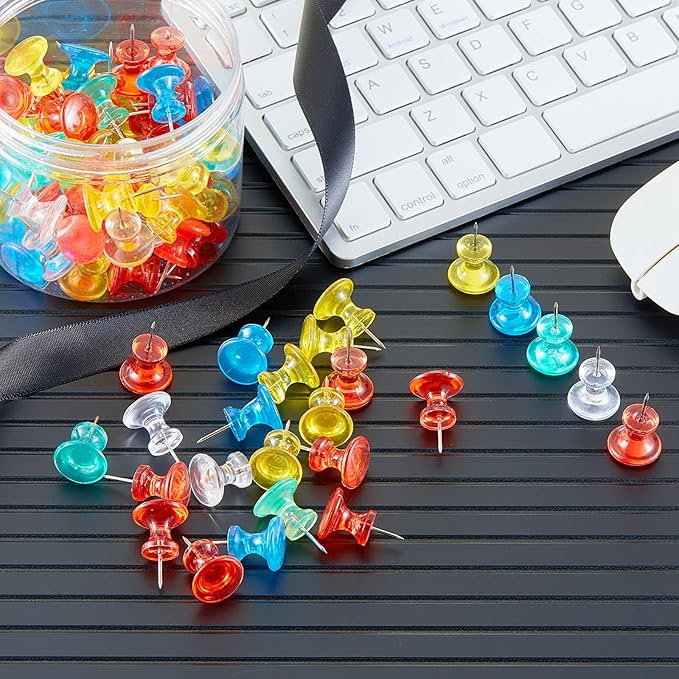 Outus 100 Pcs Giant Push Pins Large Thumb Tacks Plastic Heads 1 Inch Jumbo Push Pins for Cork Board Map Posters Office School(Red, Yellow, Blue, Green, Transparent)-DeskLoop Office