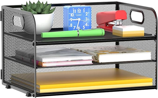 3 Tier Paper Organizer Tray with Handle, Mesh Letter Tray for Office, Home, School (1 Pack), Black-DeskLoop Office