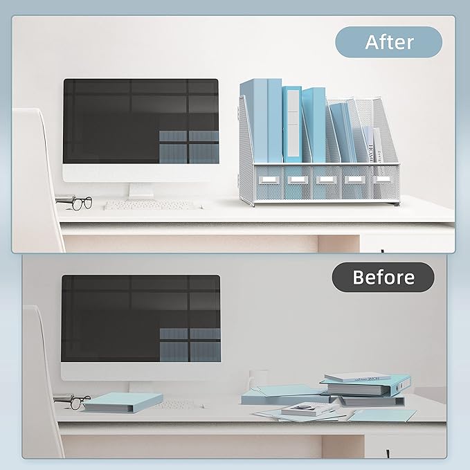 SUPEASY Desk Organizers Metal Desk Magazine File Holder with 5 Vertical Compartments Rack File Organizer for Office Desktop, Home Workspace, White-DeskLoop Office