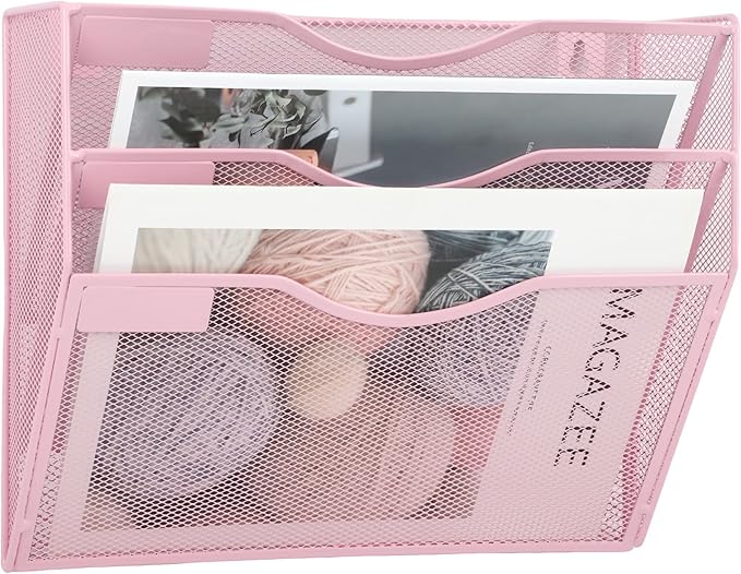 EASEPRES 3 Pocket Mesh Hanging Wall File Organizer, Wall Mounted Mail Paper Document Folder Holder, Clipboard Storage Organization Magazine Rack with Nametag Label for Office Home School, Pink-DeskLoop Office