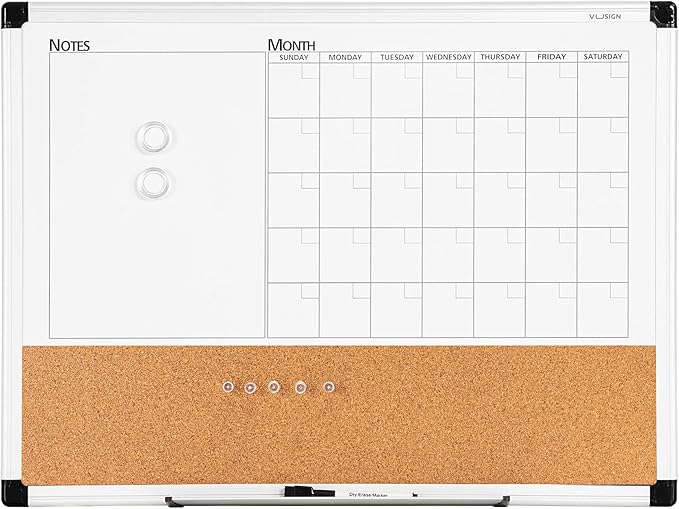 VUSIGN Monthly Calendar Whiteboard Dry Erase Cork Board Combo, 18" x 24" Planning Board, Silver Aluminium Frame-DeskLoop Office