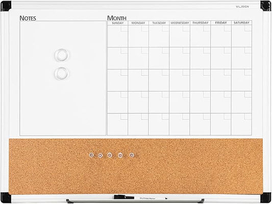 VUSIGN Monthly Calendar Whiteboard Dry Erase Cork Board Combo, 18" x 24" Planning Board, Silver Aluminium Frame-DeskLoop Office