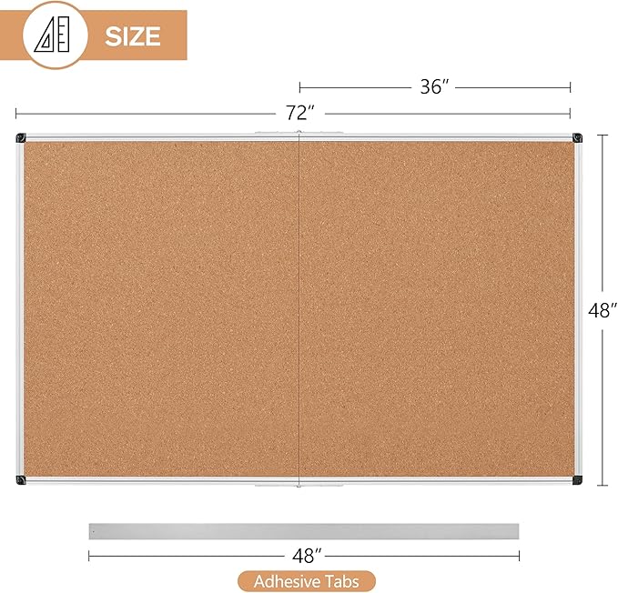 Board2by Extra Large Cork Bulletin Board 72" X 48", Foldable Notice Pin Board for Wall, Silver Aluminum Framed 6'x4' Corkboard, Wall Mounted Noticeboard with 36 Push Pins for School, Home & Office-DeskLoop Office