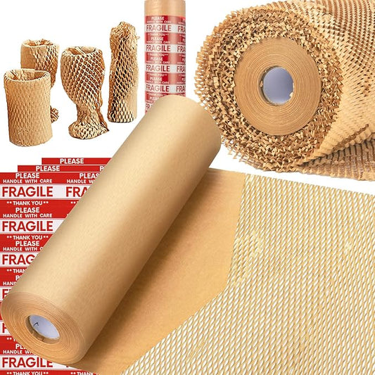 Honeycomb Packing Paper, MINHAO 15"x230' Eco Friendly Packing Paper for Moving Recyclable Honeycomb Paper Moving Supplies Bubble Paper Wrapping Protective Roll, With 36 Fragile Sticker Labels-DeskLoop Office