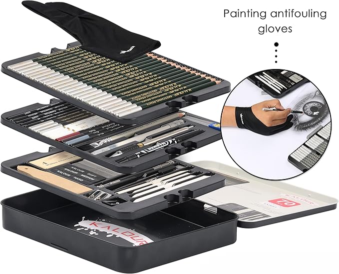 KALOUR 72-Pack Sketch Drawing Pencils Kit with Sketchbook and 3-color Drawing Paper,Tin Box,Include Graphite,Charcoal,Drawing Glove and Artists Tools,Pro Art Drawing Supplies for Adults Beginner-DeskLoop Office