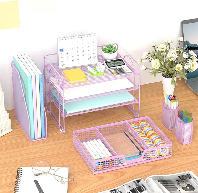 Marbrasse Desk Organizer and Accessories,4-Tier Paper Letter Tray Organizer with File Holder, Workspace Desk Organizers Accessories with Drawer and 2 Pen Holder (Purple, 15.4" x 9.1" x 8.3")