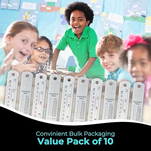 NOKKO Metal Ruler 12 Inch - Pack of 10 - Measuring Set of 12-Inch / 30 cm Stainless Steel Rulers with Imperial & Metric Measurements & Conversion Table - Metal Straight Edge Ruler for Cutting-DeskLoop Office