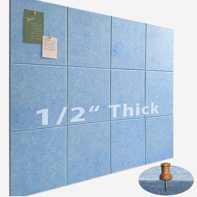 Large Cork Board for Office Wall Decor,48"x36"-12 Pack Felt Wall Tiles with 35 Push Pins, Thicker 0.47in, Felt Bulletin Board Pin Board Cork Boards for Walls - Light Blue-DeskLoop Office