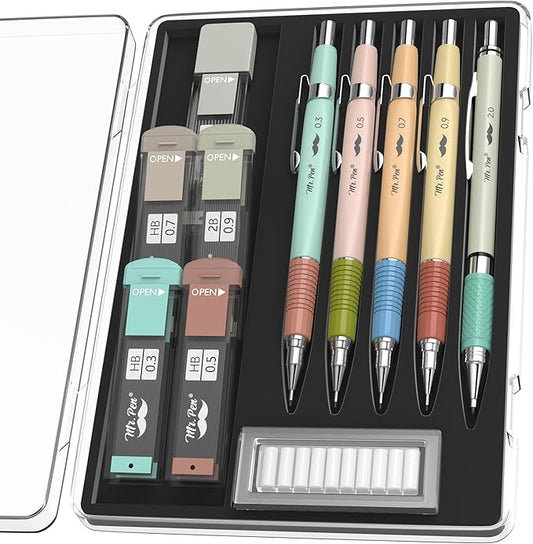 Mr. Pen- Mechanical Pencil Set, 5 Sizes, 0.3, 0.5, 0.7, 0.9, 2mm, Anti Skidding Grip Cute Mechanical Pencils, Sketching Pencils, Aesthetic Mechanical Pencils, Pastel Mechanical Pencils-DeskLoop Office