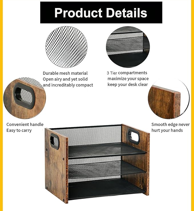 Wood Desk Organizer - 3-Tier Desktop File Organizer, Wooden Paper Tray, Office Desk Organzier and Accessories for Papers, Mail, Notebooks, Stationery-DeskLoop Office