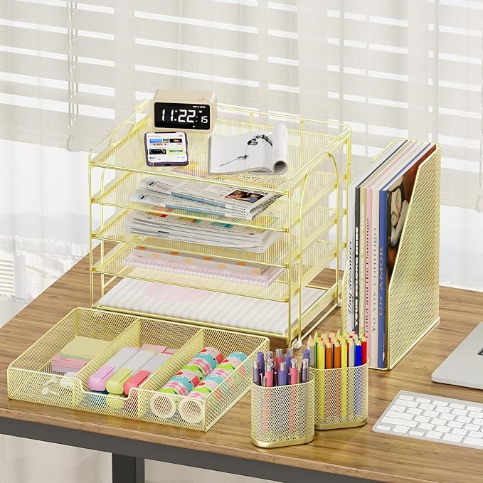 Desk Organizers and Accessories, 5-Tier Paper File Organizer with Drawer & Pen Holder, Office Desk Accessories Workspace Desktop Organizer for Office Supplies(Gold)-DeskLoop Office