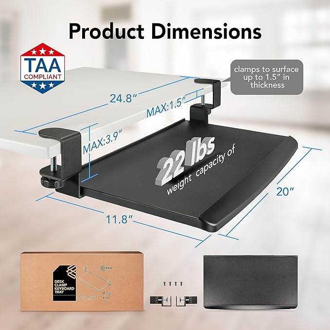 EHO Clamp-On Retractable Adjustable Keyboard Tray, Under Desk Ergonomic Keyboard Tray - Easy Tool-Free Install - Small Surface 20" (24.8" Including Clamps) x 11.5"-DeskLoop Office
