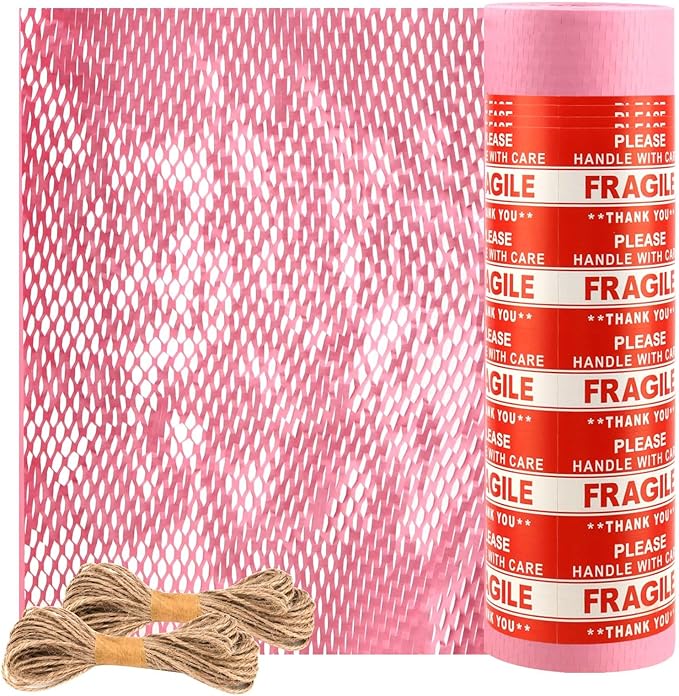 JAPCHET 15 In x 328 Ft Pink Honeycomb Packing Paper, Honeycomb Paper with Sticker Labels and 10 m Rope Honeycomb Wrap Roll for Packaging and Shipping-DeskLoop Office