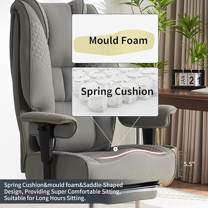 Big and Tall Office Chair 400lbs Wide Seat, Leather High Back Executive Office Chair with Foot Rest, Ergonomic Chairs Lumbar Support for Lower Back Pain Relief (Mesh Light Grey)-DeskLoop Office