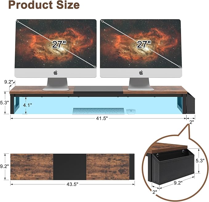 LAND·VOI Dual Monitor Stand Riser,41.5'' Long Monitor Stand for 2 Monitors, Wood Computer Riser with Pocket, Desktop Oraganizer with Pen Holder, Monitor Riser for Desk Computer,Laptop,TV, Rustic Brown-DeskLoop Office