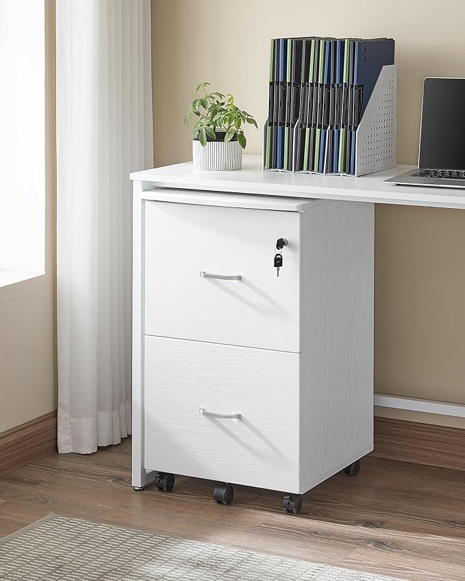 VASAGLE 2-Drawer File Cabinet, Locking Filing Cabinet for Home Office, Small Rolling Printer Stand, A4, Letter-Size Hanging Files, Assembly Required, White ULCD027T46V2-DeskLoop Office