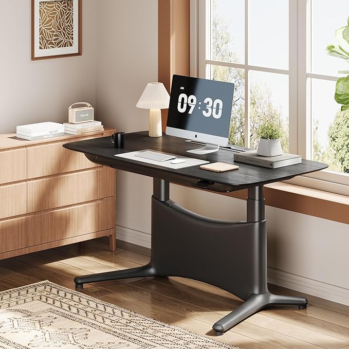 COLAMY Electric Adjustable Standing Desk – 48 x 28 Inch Sit Stand Desk with Drawer & Cable Management, Dual Motor Lift System, Ergonomic Footrest, Home Office Table (Veneer Desktop, Black Oak + Black)-DeskLoop Office
