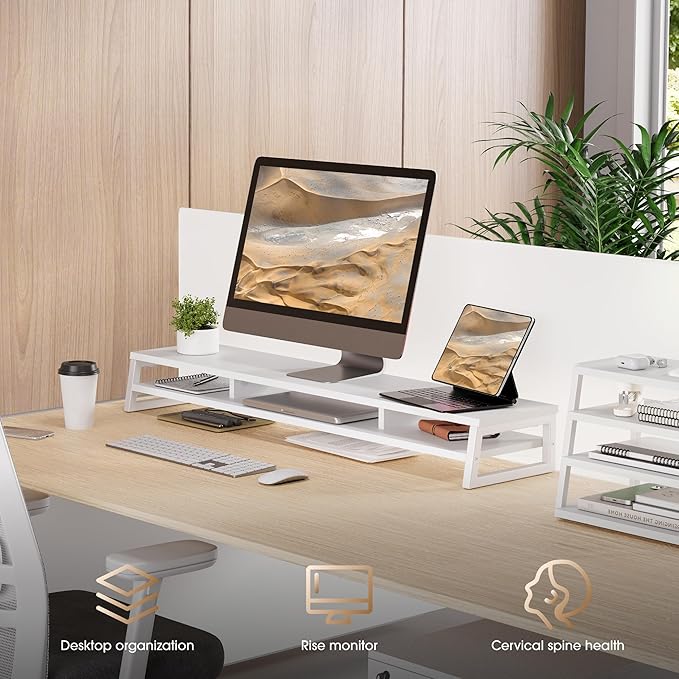 Fenge Dual Monitor Stand for Desk, 42.5in Large Monitor Riser for 2 Monitors, 2 Tier Computer Office Desk Top Shelf, Desktop Storage Stand for Laptop, PC, Computer, Printer-DeskLoop Office