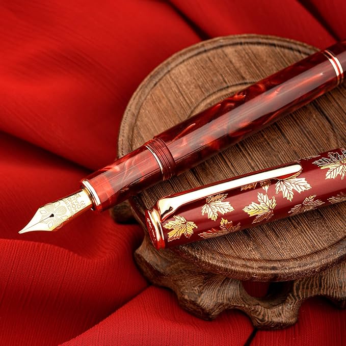Hongdian N8 Red Acrylic Resin Fountain Pen, Iridium Extra Fine Nib Rose Gold Trim Maple Leaf Carving Cap, Smooth Writing Pen with Converter and Metal Pen Box Set-DeskLoop Office