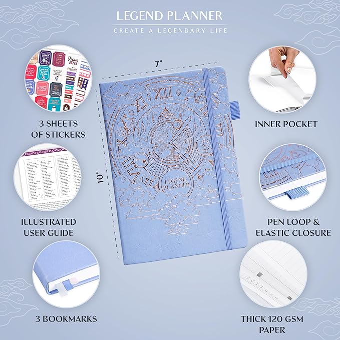 Legend Planner PRO – Deluxe Weekly & Monthly Life Planner to Increase Productivity and Hit Your Goals. Time Management Organizer Notebook – Undated – 7 x 10" Hardcover + Stickers – Periwinkle-DeskLoop Office